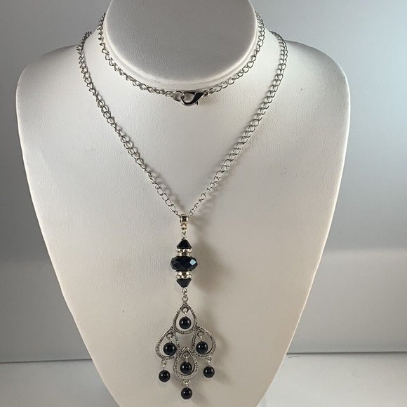 Silver Tone Trace Style Chain Necklace With Black Beads (NA22) - Picture 1 of 5